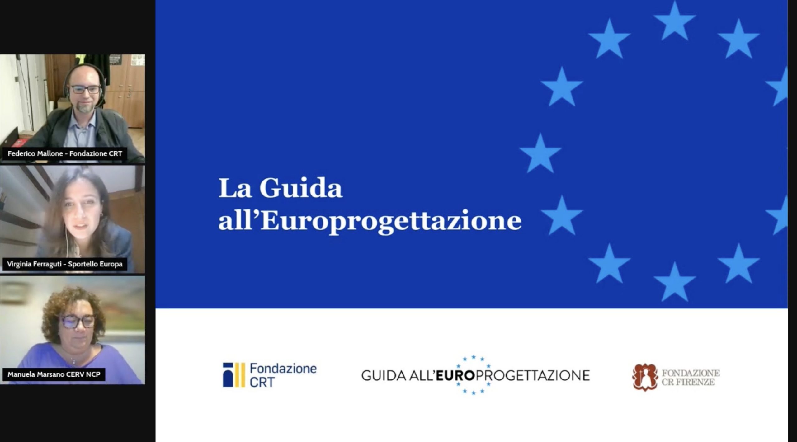 Momento della presentazione della Guida all'Europrogettazione durante il webinar Sportello Europa: Cittadini, Uguaglianza, Diritti e Valori – Call “Coinvolgimento e partecipazione dei cittadini”