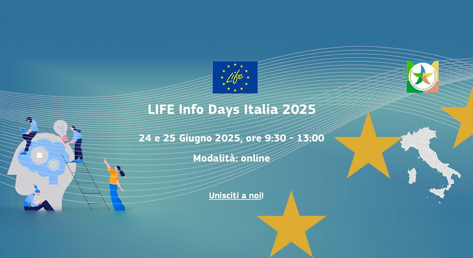 Grafica con titolo LIFE Info days Italia 2025, il 24 e 25 giugno